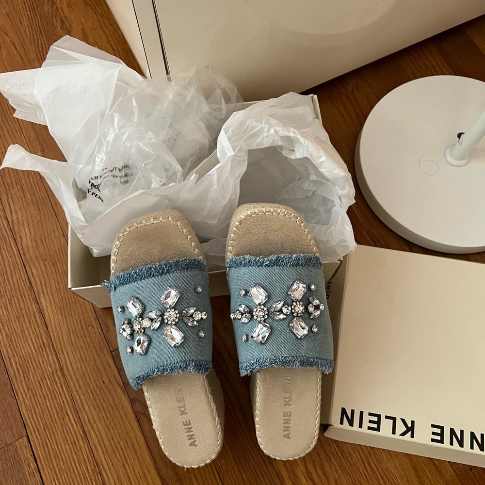Anne Klein Blue Espadrille Slides with Gem Embellishments